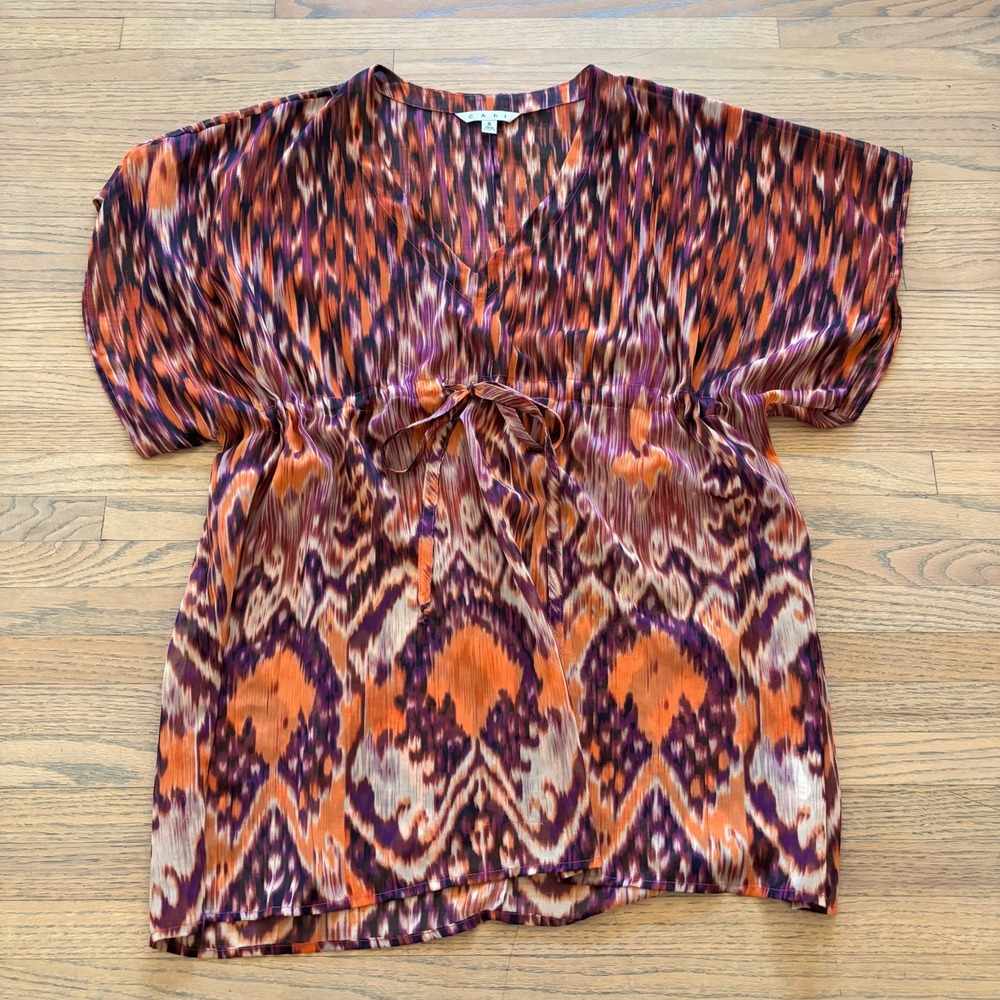 Cabi Women S Orange Purple Ikat Print Drawstring Waist Tunic Top Kaftan Blouse